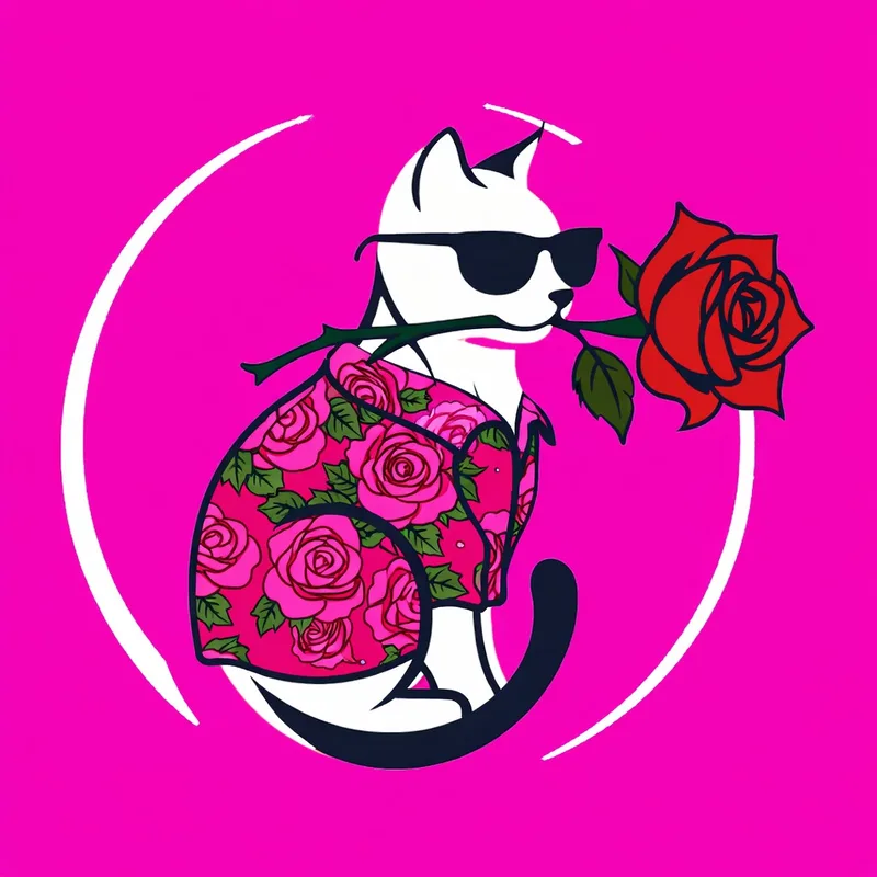 The D'Rose logo is a white cat in sunglasses, dressed in rose-print batik, with a red rose in its mouth, on bright pink.