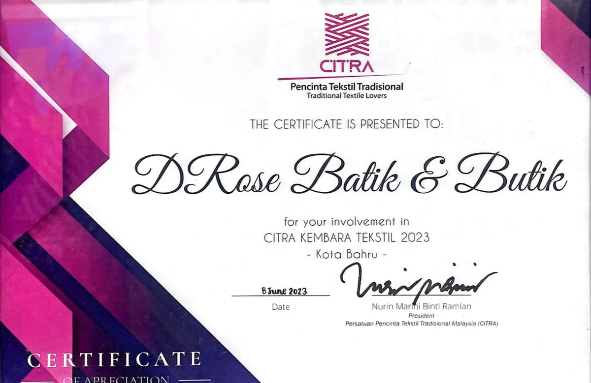 CITRA Kembara Tekstil 2023 certificate of appreciation