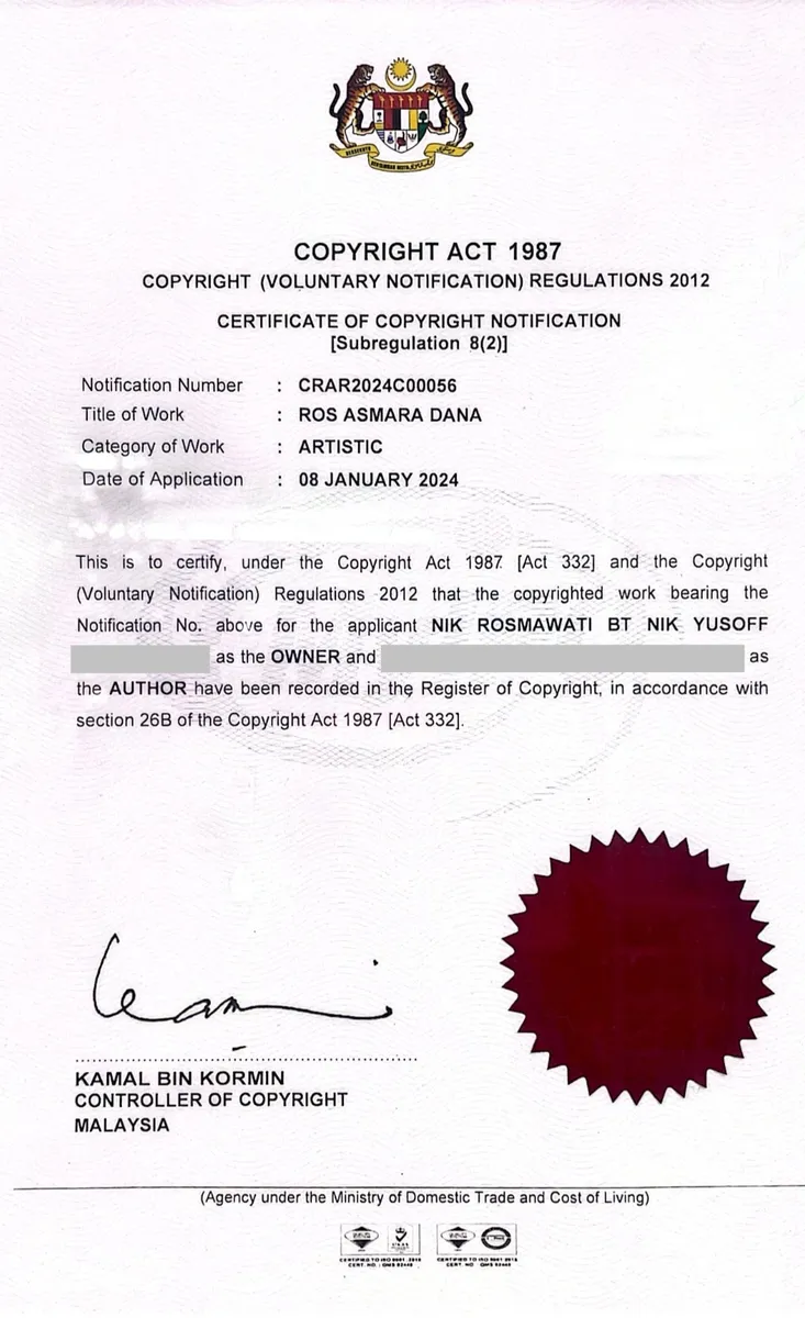 Certificate of copyright notification for the Ros Asmara Dana design