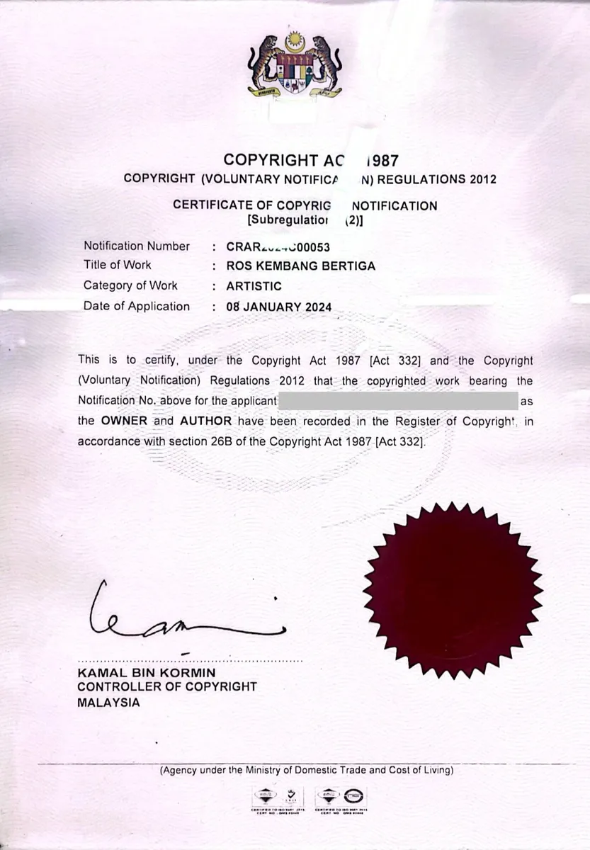 Certificate of copyright notification for the Ros Kembang Bertiga design
