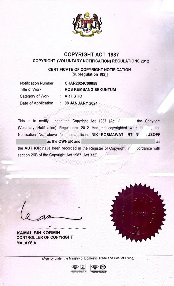 Certificate of copyright notification for the Ros Kembang Sekuntum design