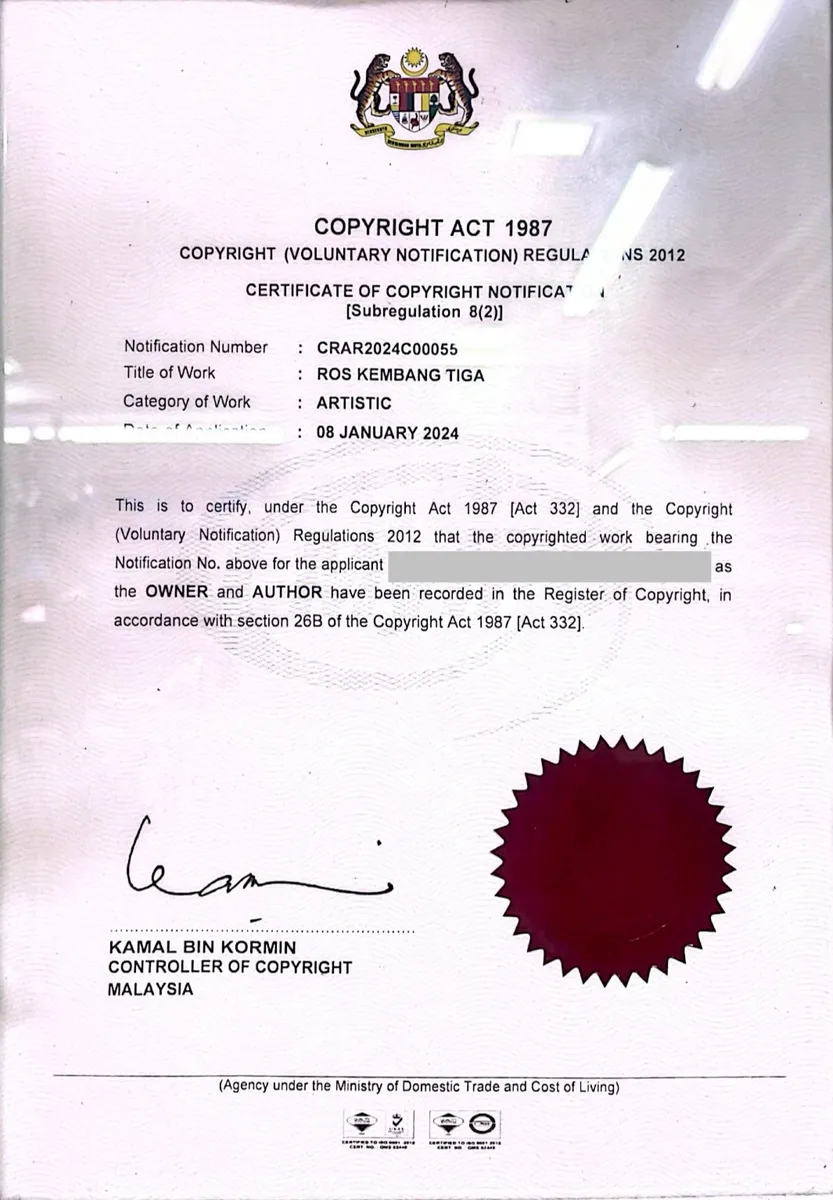 Certificate of copyright notification for the Ros Kembang Tiga design