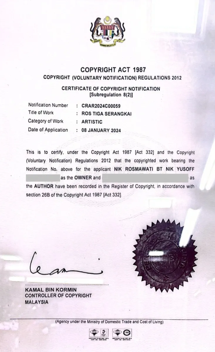 Certificate of copyright notification for the Ros Tiga Serangkai design
