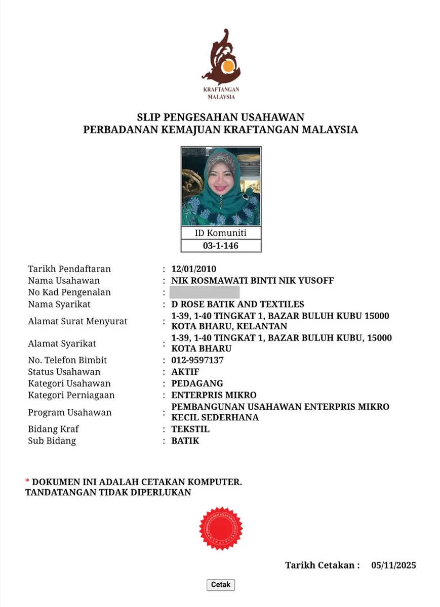 Kraftangan Malaysia entrepreneur confirmation slip