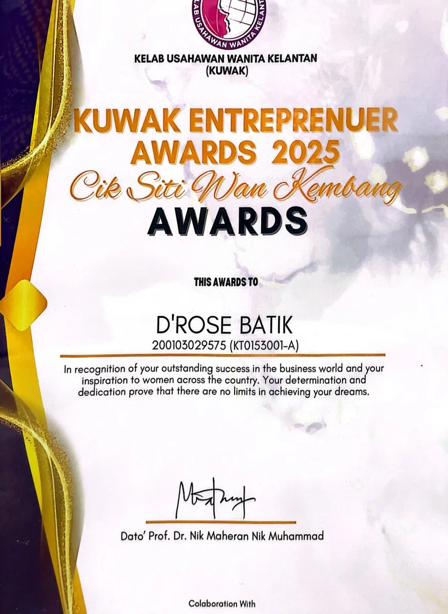 Cik Siti Wan Kembang Award 2025 certificate from KUWAK