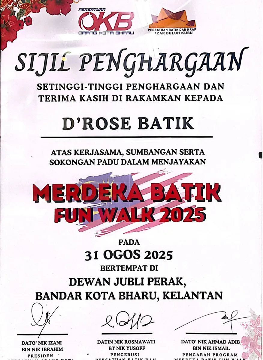 Merdeka Batik Fun Walk 2025 certificate of appreciation