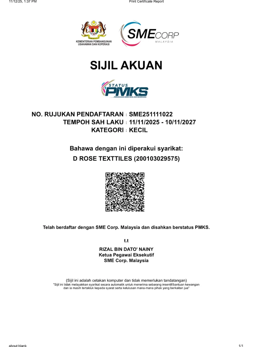 SME status certificate from SME Corp. Malaysia